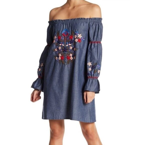 Max Studio Embroidered Off the Shoulder Dress Blue Size Medium - Picture 1 of 9